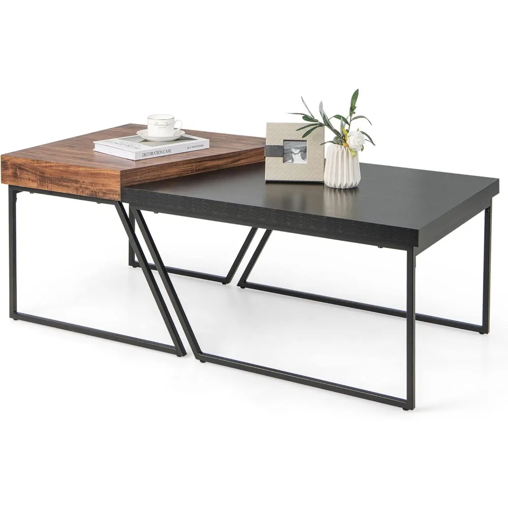 

Stacking Coffee Table Set of 2, Black & Brown Modern Side Table with Powder Coated Metal Legs, Trapezoid Nesting Table f