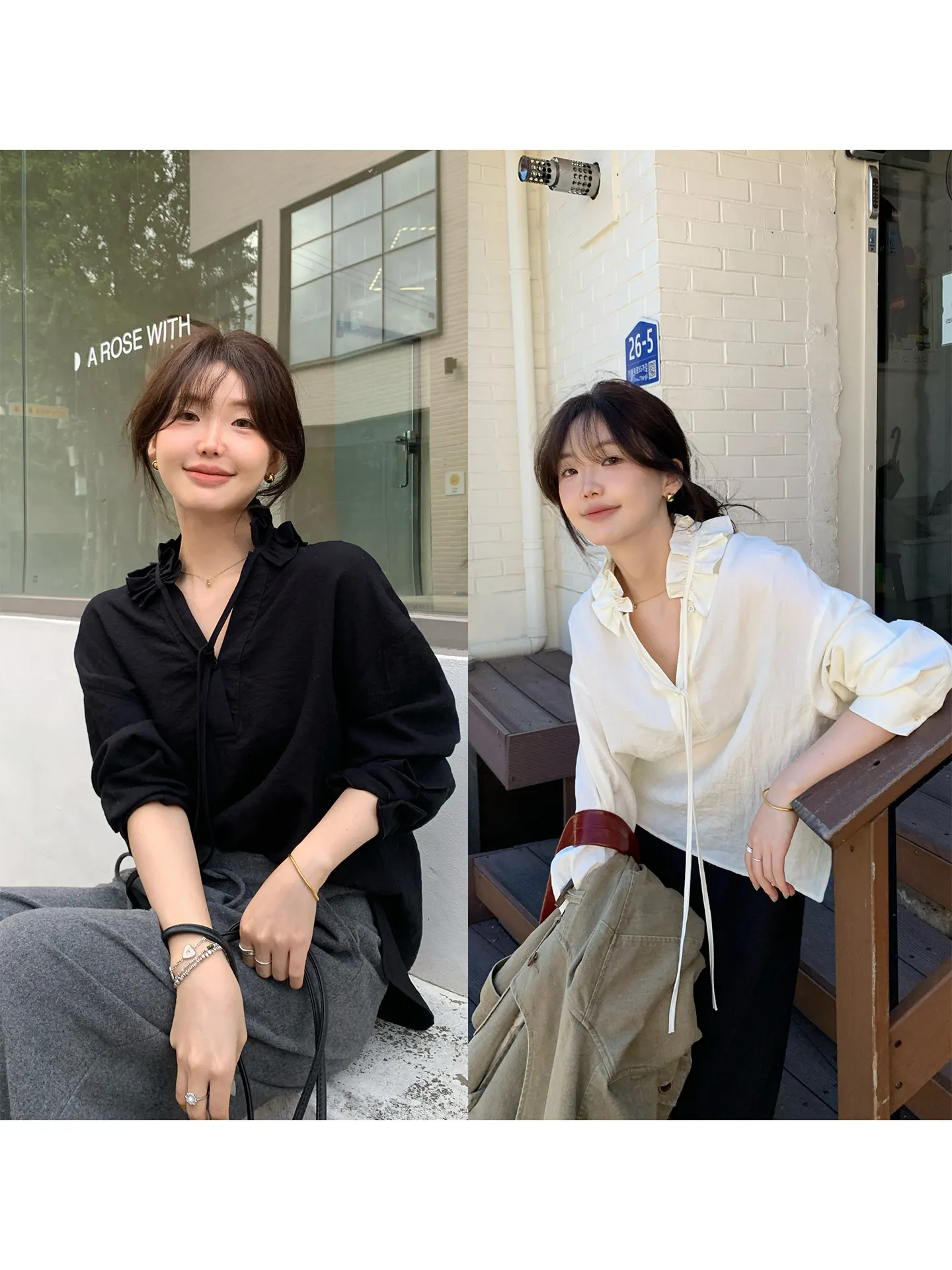 

Женская блузка с отстегивающимся воротником в корейском стиле, с V-образным вырезом, длинными рукавами, из полиэстера, для повседневной носки