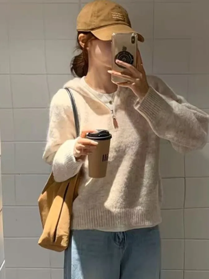 

Korean Sle Soft Cozy Zipper Hoodie Long Sve f Open Collar Women's Knitted Sweater Outerwear Autumn Lazy Faion