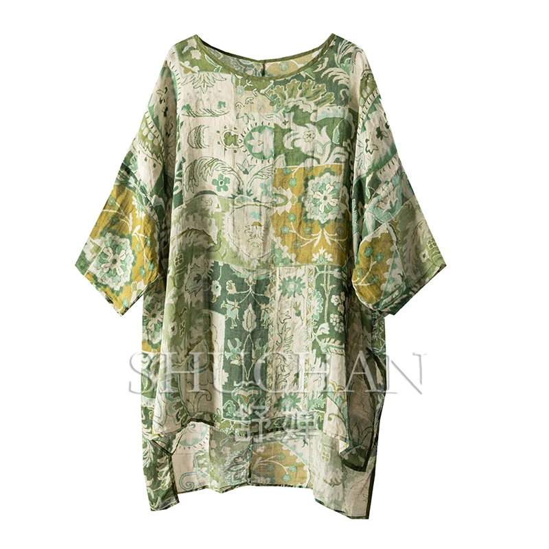 

New Oversized 100 Ramie Printing Large Profile Round Neck Medium and Long Shirt Women's 80A7 Womens Tops and Blouses