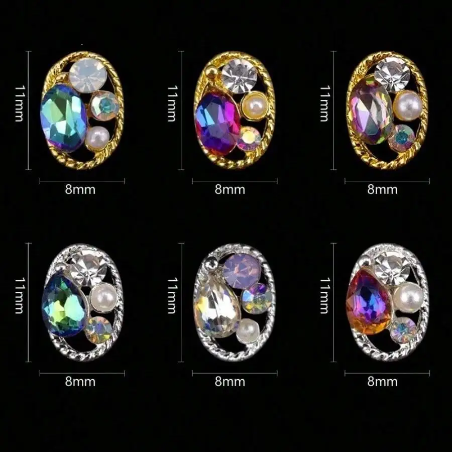 10PCS Random Mixed Retro Hollow Oval Rhinestones Pearl  Beauty Glitter Charms Jewelry Accessories Metal 3D Nail Art Decoration