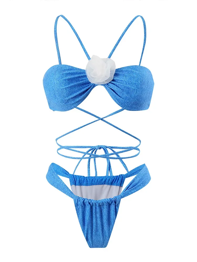 Сексуальное бикини со шнуровкой и цветочным принтом, комплект из 2 предметов, женский разделенный купальник с высокой талией, пляжное треугольное бикини, новинка 2025, летний комплект бикини для плавания