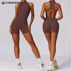 Back V Scrunch Jumpsuits Gym Short One-Piece Suit Yoga Set Push Up Zipper Workout Rompers Fitness Sexy Sports Bodysuit Female