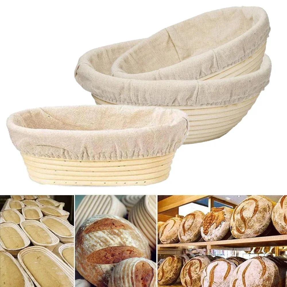 Rattan Bread Basket Oval Round Indonesian Fermentation Basket Woven Basket with Cloth Cover for Baking Cake Pans Fruit Tray