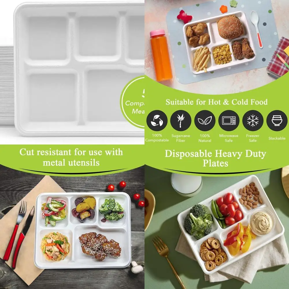 

Экологичный лоток для школьного питания Bagasse с 5 отделениями — 500 шт., сверхпрочные, биоразлагаемые тарелки