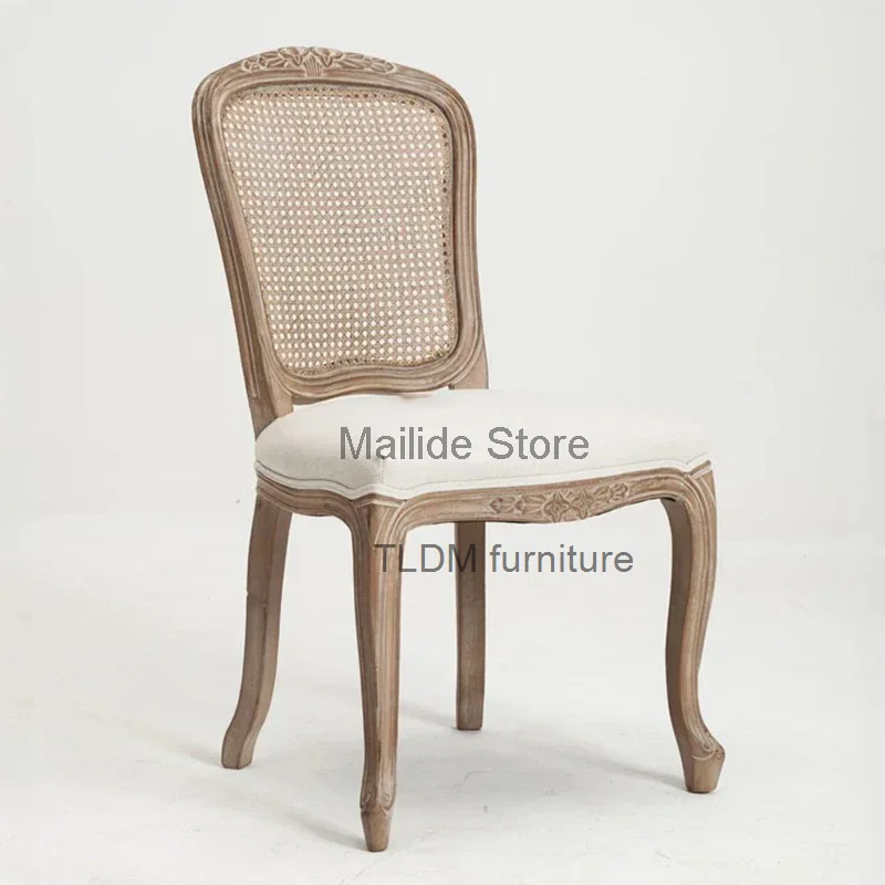 European-style Solid Wood Carved Living Room Chairs Modern Home Furniture Retro Rattan Dining Chair Mesh Backrest Sofa Chair