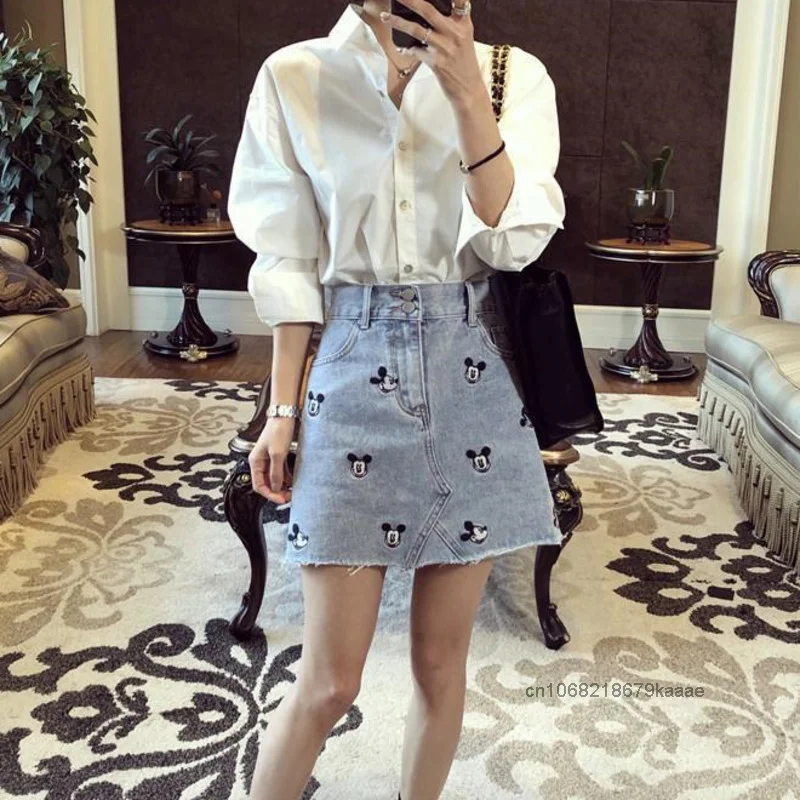 Disney Mickey Embroidered Denim Short Skirt Women Korean Version High Waist Student Skirt Spring Summer New Fashion A-line Skirt