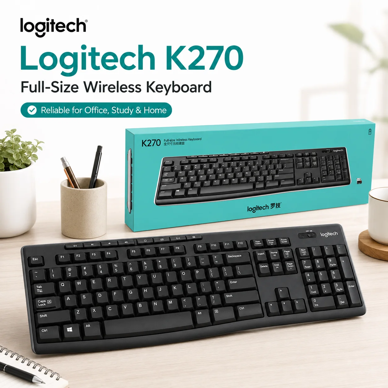 Logitech K270 Wireless Keyboard: Full Size Silent Computer Keyboard with Media Keys - Spill Resistant Quiet Type for PC Laptop