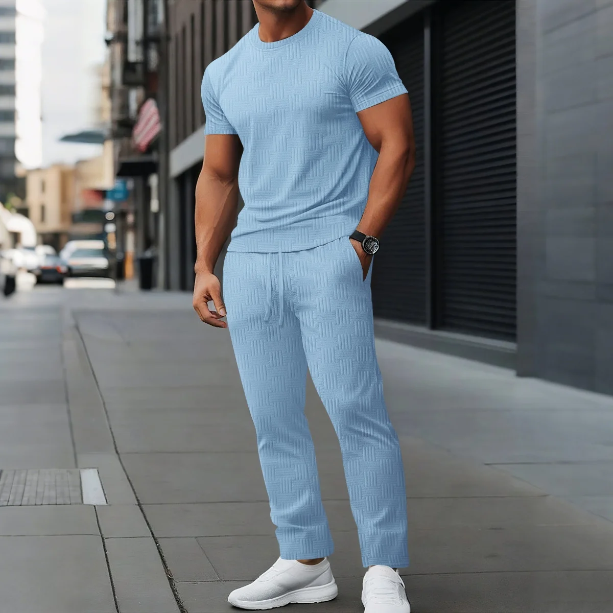 Men's Casual Street Round-Neck T-Shirt Striped Jacquard Solid-Color Loose Long Pants Short-Sleeved Set Fashionable 2025