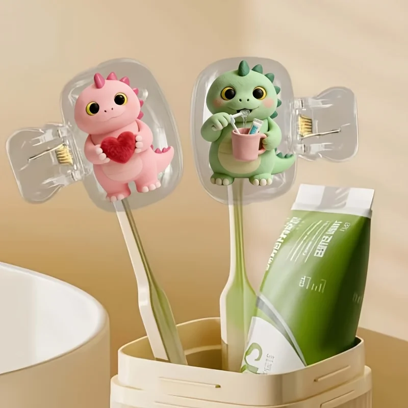 2pcs Cute Little Dinosaur Toothbrush Head Covers for Couples Storage Box Toothbrush Cover Holder Bathroom Accessory for Travel