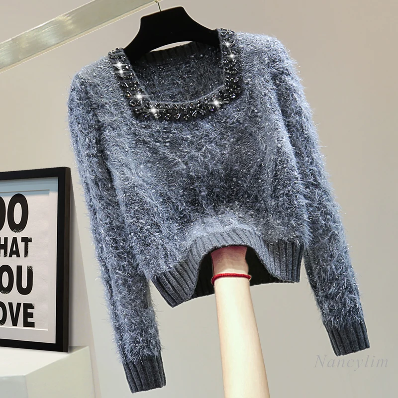 

Diamond-encrusted Bright Silk Square Neck Grey Sweater Somen Winter High-waisted Short Mohair Pullover Knitted Sweater Tide