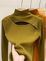 Standing Neck Sweater for Women in Autumn and Winter with Diamond Inlay Hollowed Out Sexy Fashion Pullover Knitted Bottom Top