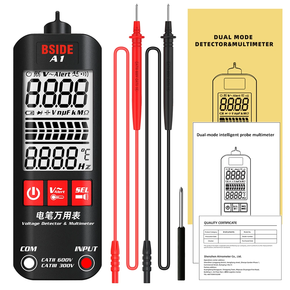 BSIDE A1 Mini Multimeter LCD Digital Tester Voltage Detector 2000 Counts DC/AC Voltage Frequency Resistance NCV True RMS Meter