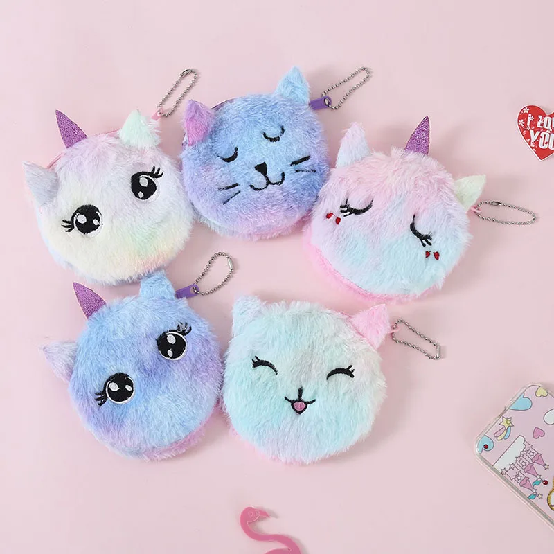 2pc Cute Cartoon Plush Unicorn Coin Wallet Children\'s Colorful Cat Zero Wallet Girl\'s Birthday Party Gifts