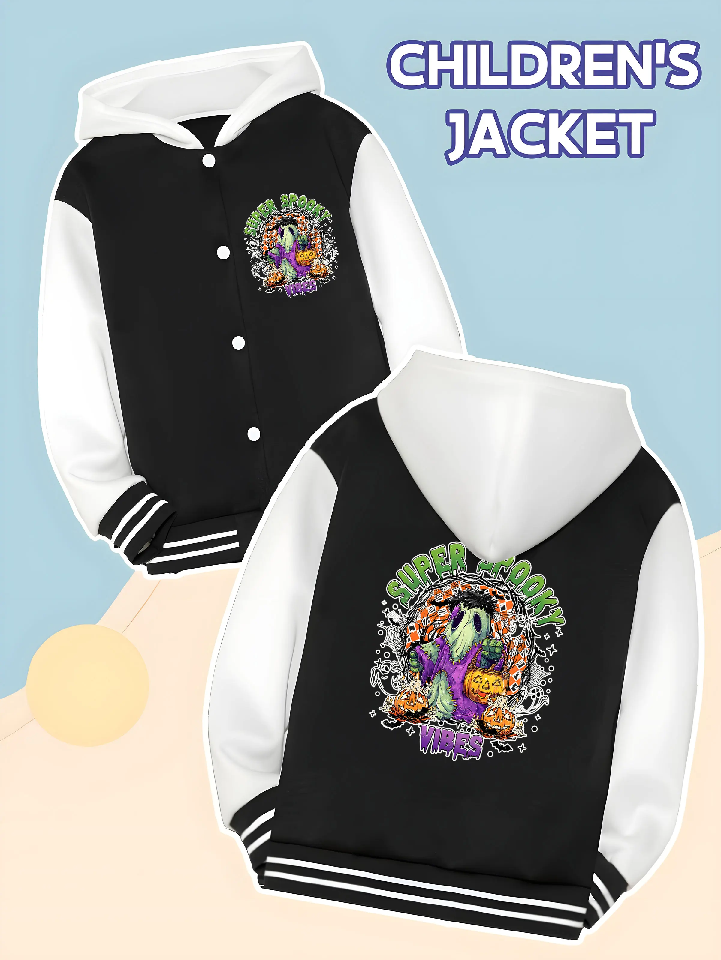 

MINISO Marvel Halloween Funny Boys Baseball Jacket - Marvel characters dressed as ghosts, "SUPER SPOOKY VIBES" theme, double-sid