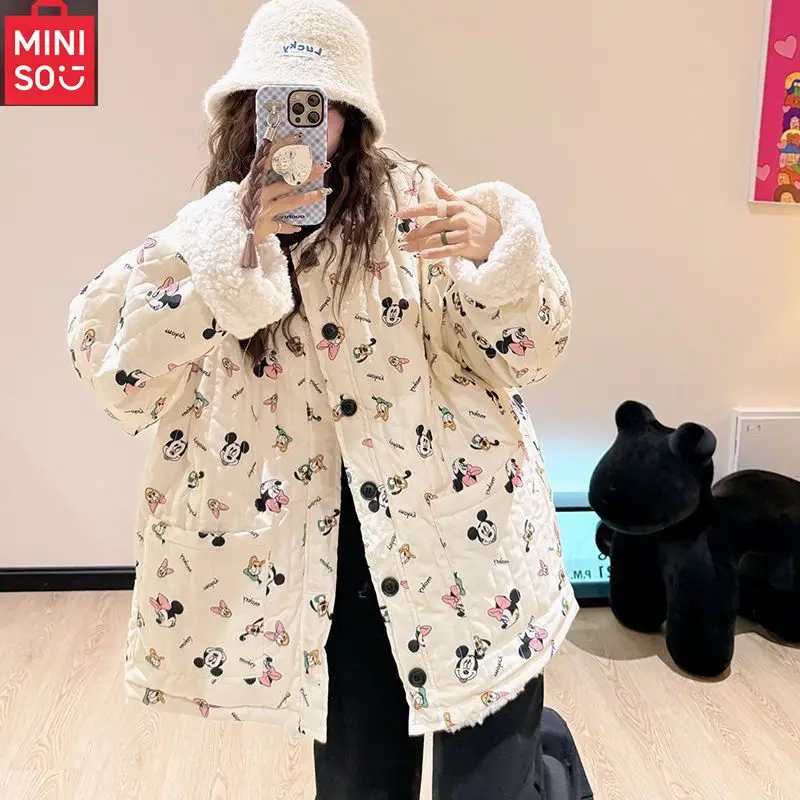 

MINISO Double sided Lamb Fleece Coat for Winter, Loose and Versatile, Cute for Students, Thickened Cotton Coat with Velvet