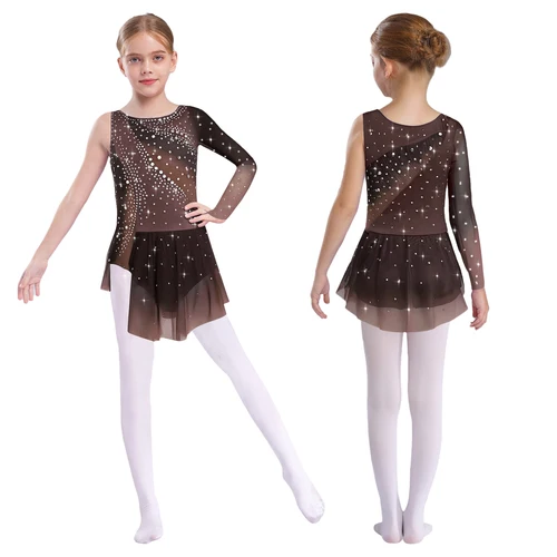 Imagen 2 del producto Leotardos con falda de gimnasia rítmica para niños y niñas, sin mangas, con diamantes de imitación, patinaje artístico transparente, vestido de baile de Ballet, competición