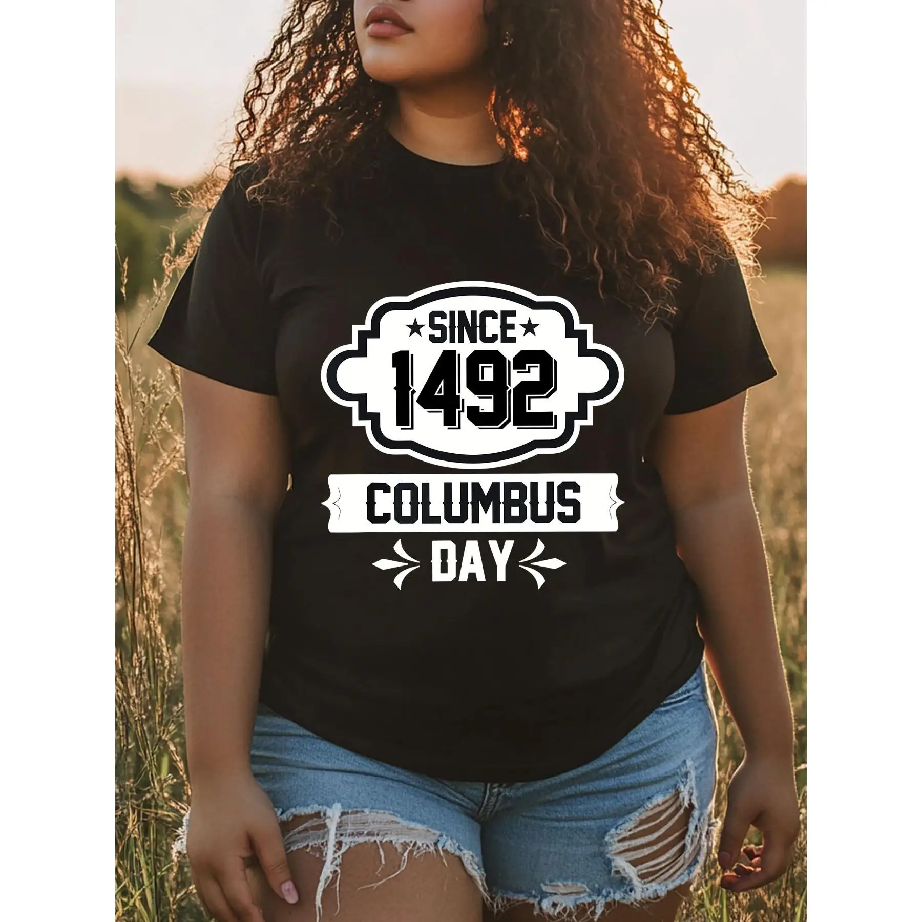 

Women's Crew Neck 1492 Columbus Day T-Shirt Vintage Graphic Tee Casual Loose Top Short Sleeve Fashion Streetwear