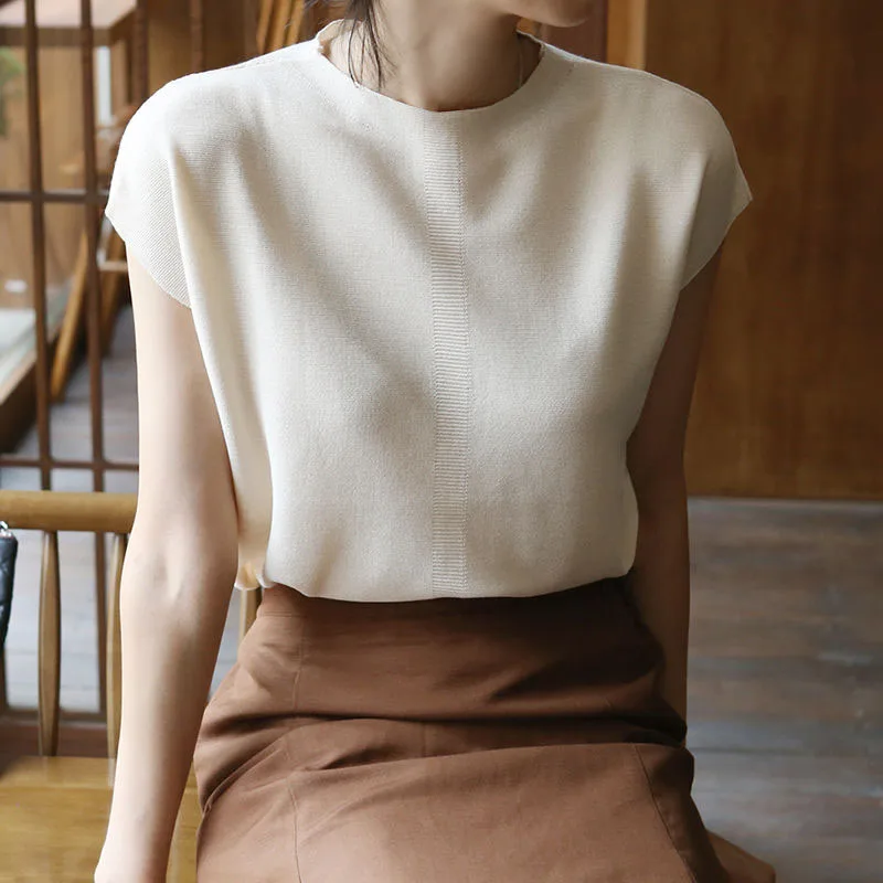 

Slimming Ice Silk Knitted ort Sve round Ne T-irt Women's Summer Faion Outerwear Base Layer Loose Fit Comfortable