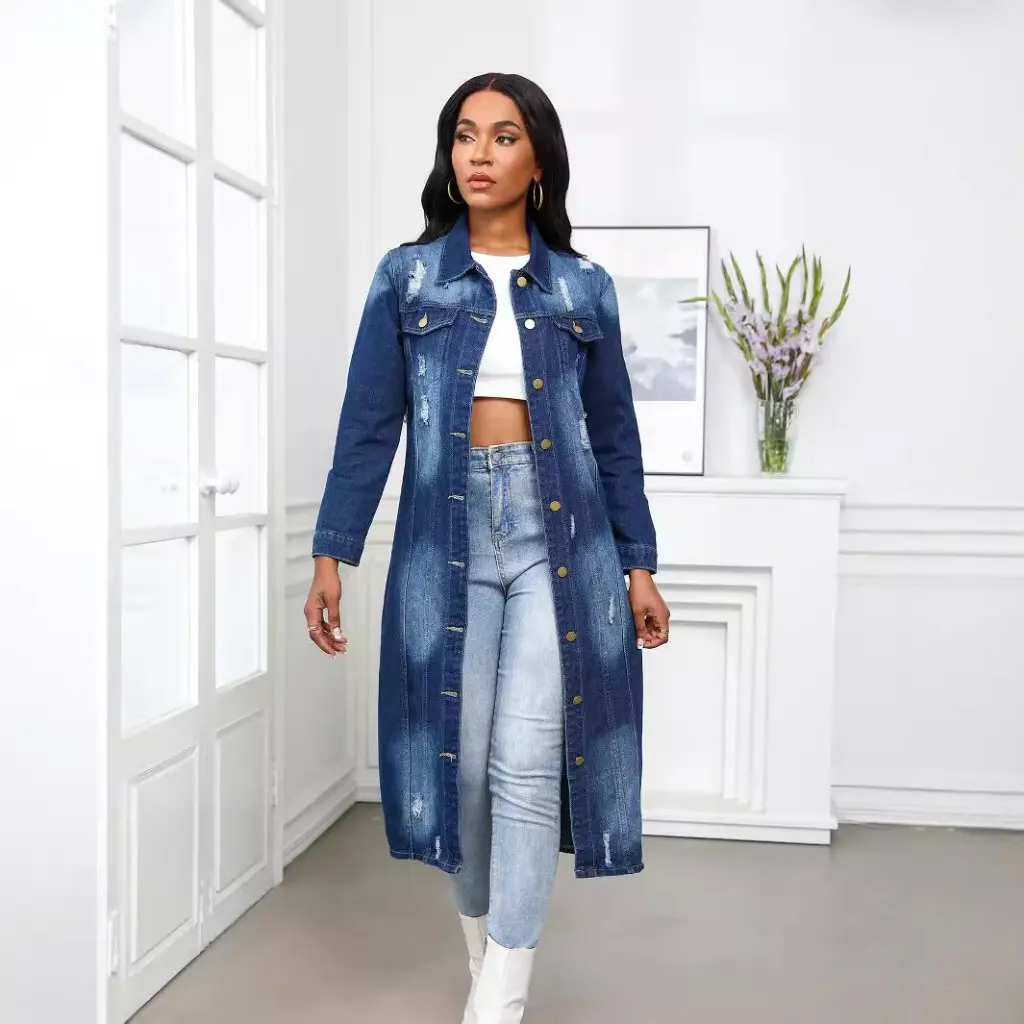 Trench coat jeans feminino com buraco longo design fornecimento de tiro real moda agasalhos