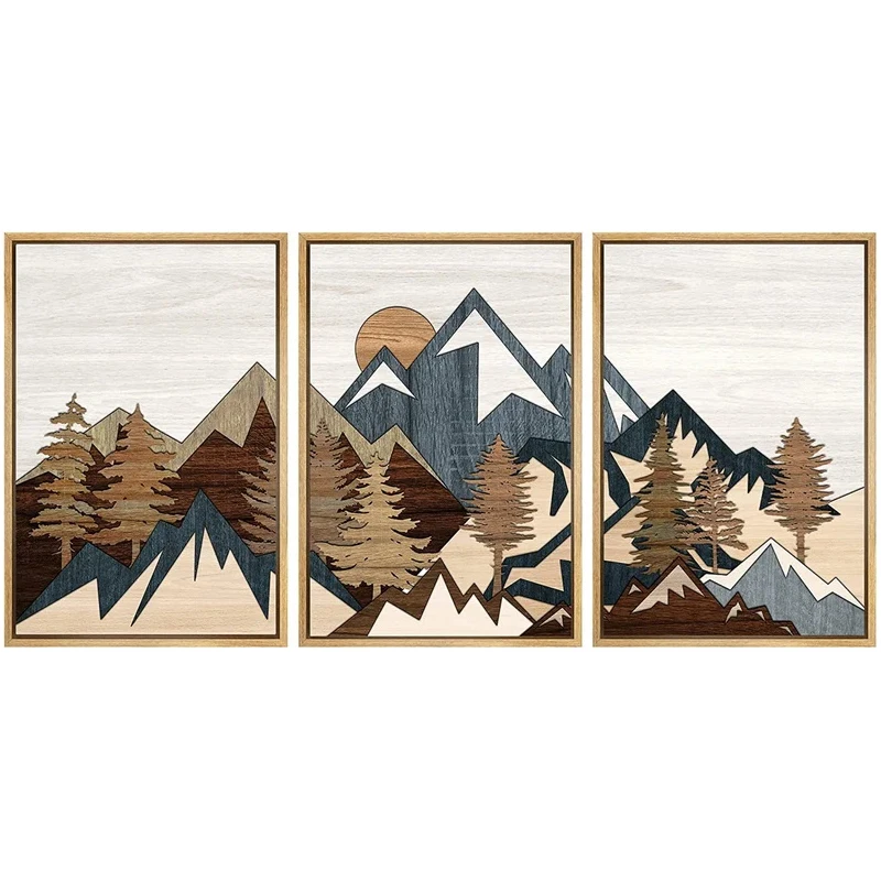 3 PCS Canvas Print Posters Wall Art Wood Panel Effect Mountain Range Top Prints Painting Modern Art Rustic Decor for Living Room
