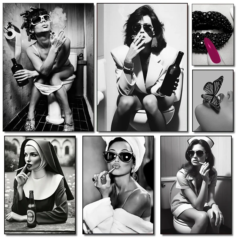 Black White Art Woman Toilet Smoking Drinking Feminist Cheetah Fashion Poster Canvas Paintings Wall Art Pictures Home Decor
