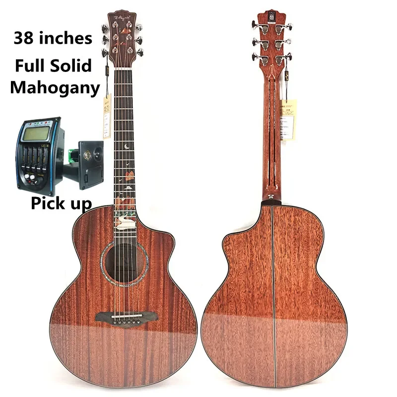 Acoustic Guitar Full All Solid Mahogany 38 Inches Shell Inlaid Fingerboard Electric Folk Flattop Guitarra Cutaway Highgloss