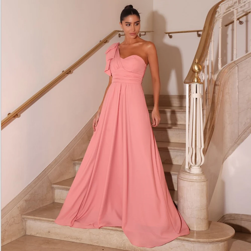 

Modern 2025 Evening Dresses for Women Crepe Fabric A-line Prom Dress Rose Pink One-shoulder Bow Ruched Pleat Birthday Dress Long