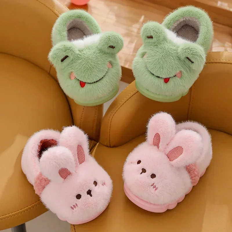 New Children's Cartoon Animals Heel Wrap Plush Slippers Soft Sole Non-slip Winter Warm Baby Boys Girls Indoor Home Cotton Shoes