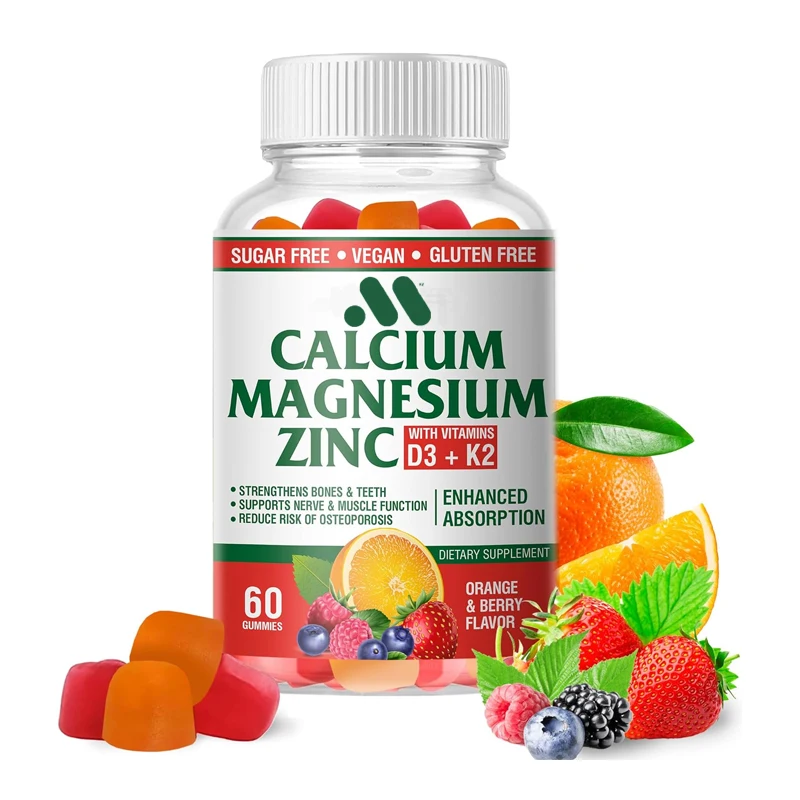 Calcium magnesium zinc gummies contain vitamins D3 and K2- efficiently enhance absorption - orange and berry flavored 60 gummies