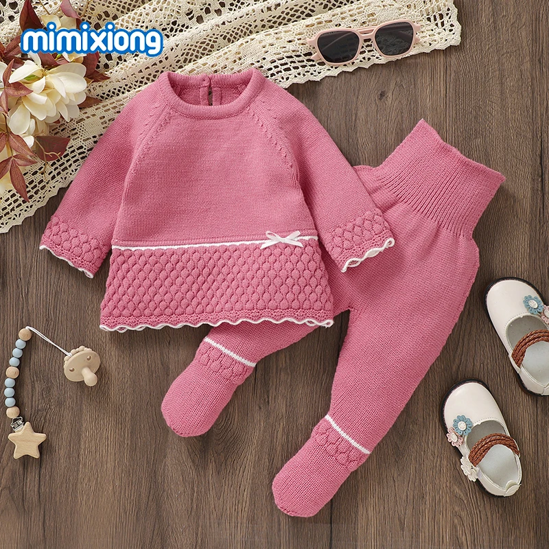Pink Baby Girls Clothes 2pcs/Set Autumn Winter Infant Long Sleeve Sweaters Pullover+Trousers Sport Suit 0-9M Toddler Knit Outfit