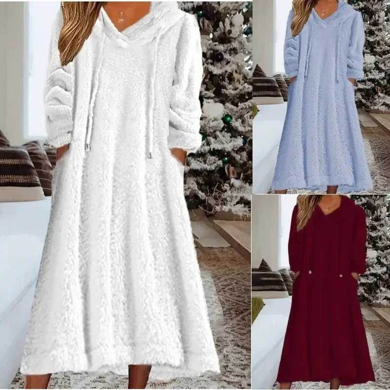 2023 Autumn Women\'s Long Dress Velvet Long Sleeve Hooded Homeclothes Dresses Female Winter Warm Fashion Loose Clothing Ladies