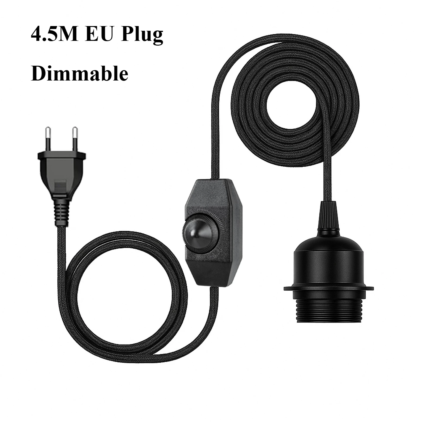 E27 EU/US Plug in Pendant Lamp Cord with 4.5M Textile Cable ON/OFF Dimmable Switch Lamp Base Bulb Holder for Ceiling Light Black