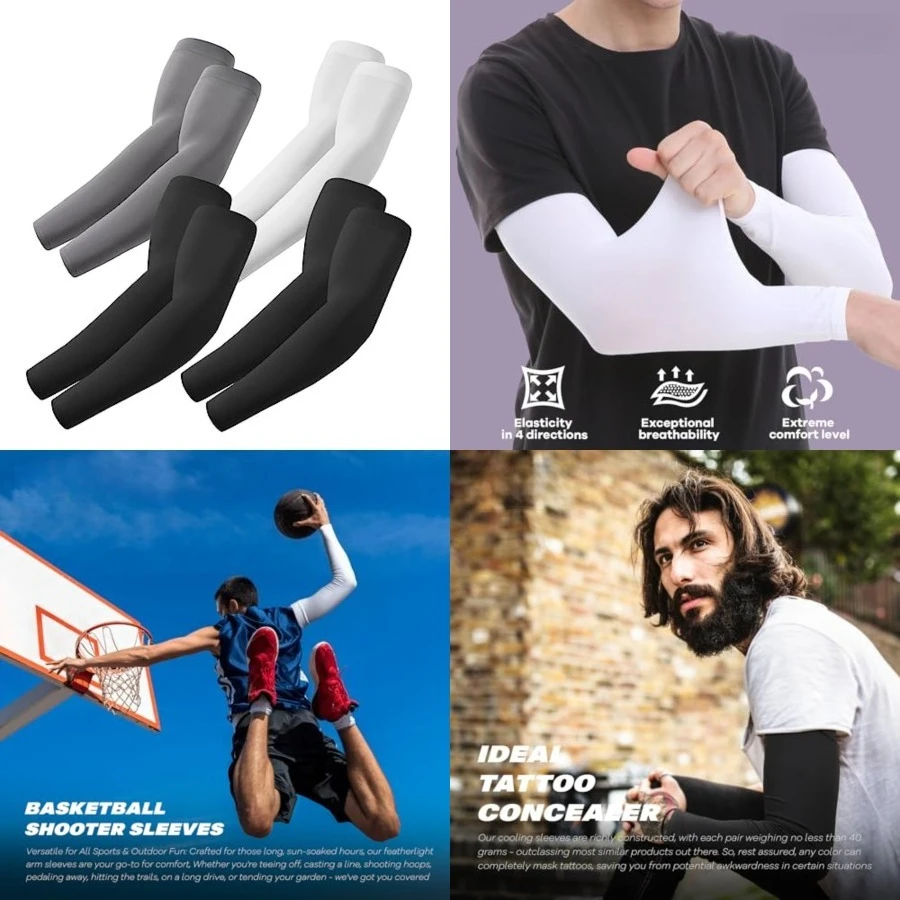 

Arm Sleeves, Cooling UV Sun Protection Sports Compression for Men/Women, 4 Pairs - 2 Black+dark Gray+white