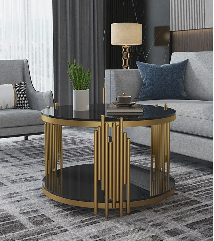 Light luxury style living room central dining table round coffee table double table top rock steel coffee table طاولة قهوة  mesa