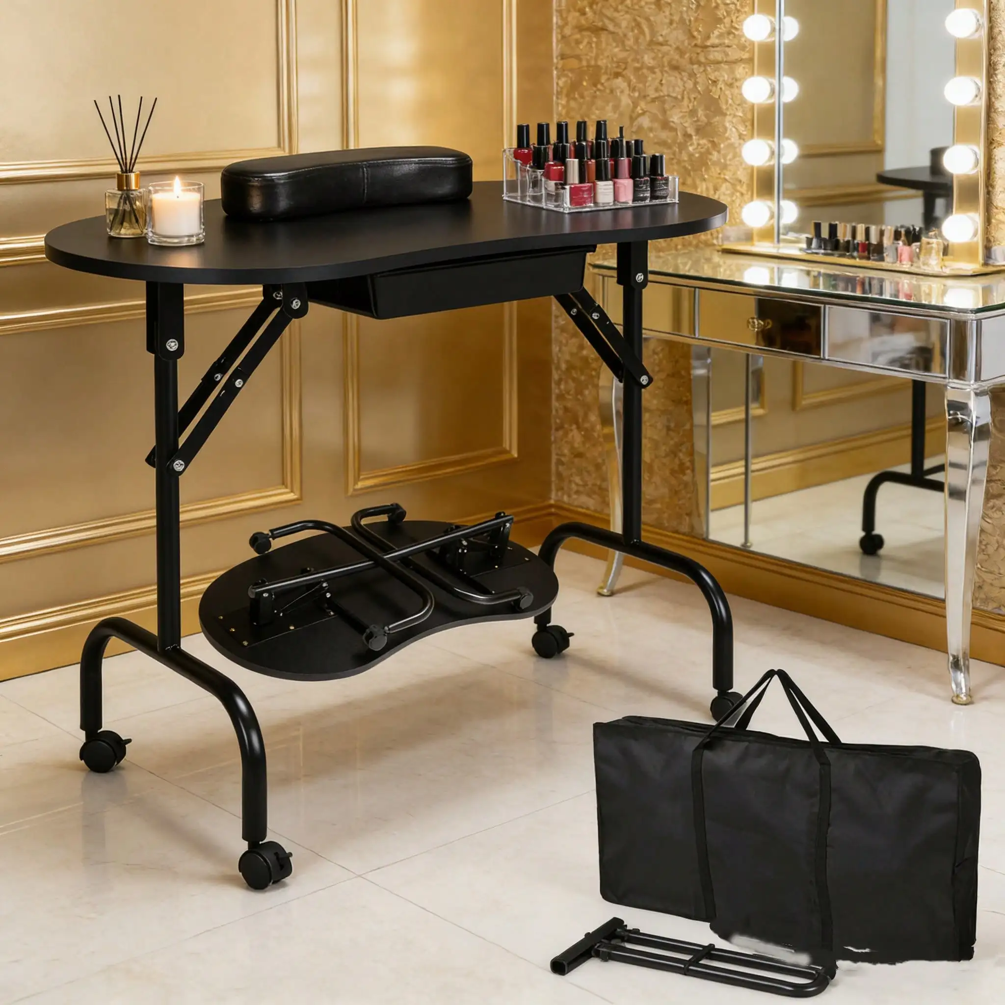 Folding Manicure Table With Lockable Wheels And Bag - 17.5" X 37" Black Tabletop, Iron Plastic MDF, Portable Carrying Bag, Easy Assembly For Mobile Beauticians