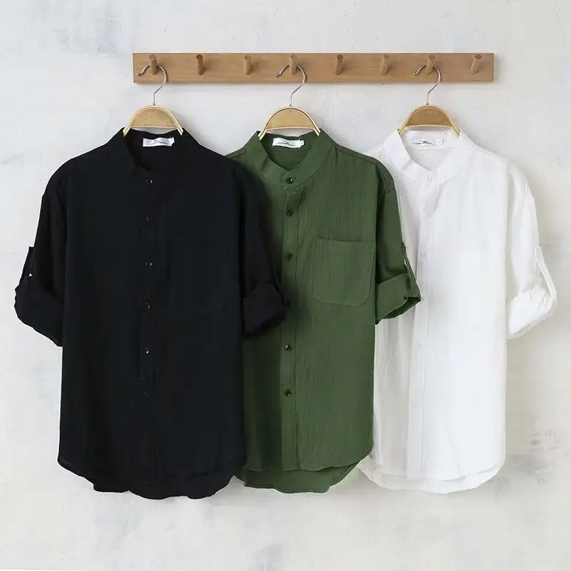 Summer Men's Linen Stand Collar Five Point Medium Sleeve Shirt Cotton Linen Loose Casual Shirts for Men Blouse Tops