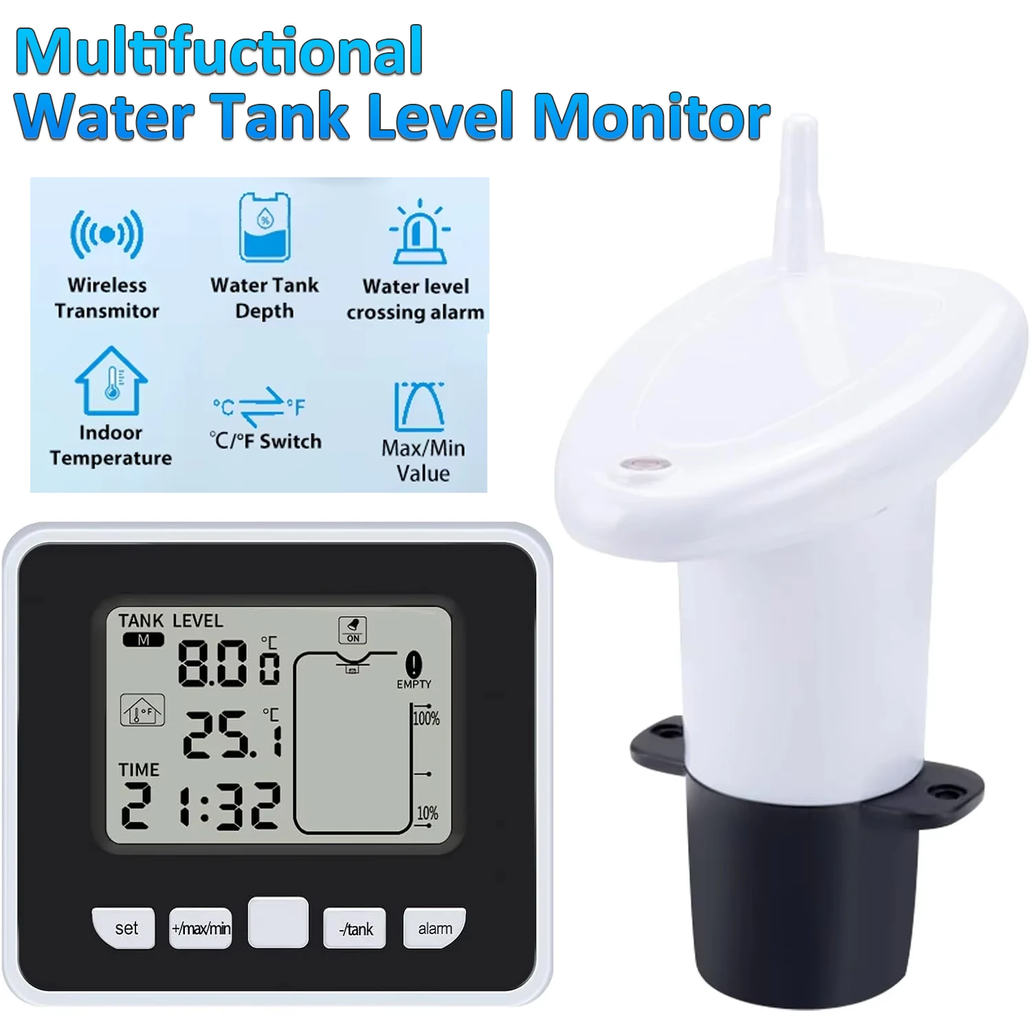 

Ultrasonic Wireless Water Tank Liquid Level Meter With TemperatureSensor EU/US Water Tank Level Monitor Tank liquid level Alarm