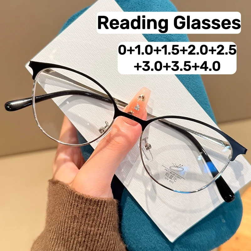 

Premium-feel Small-frame Cat-eye Presbyopia Glasses Stylish Metal Half Frame Blue Light Blocking Gold-rim Reading Glasses