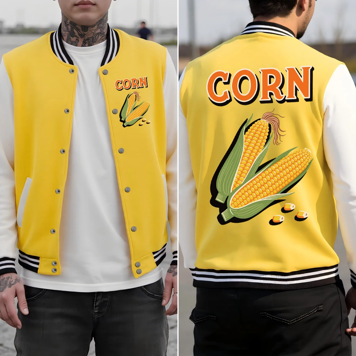 

Fresh Corn Creative Printed Jacket Man Fashion Loose Baseball Uniform Autumn Hip Hop Streetwear All-Match Cotton Mens Coat