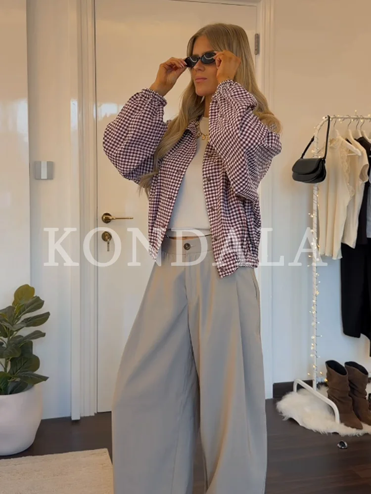 KONDALA Women Sporty Versatile Plaid Short Jacket Buttons Shirt Jacket 2026 Early Fall Trendy High Street Commute Lady Jacket