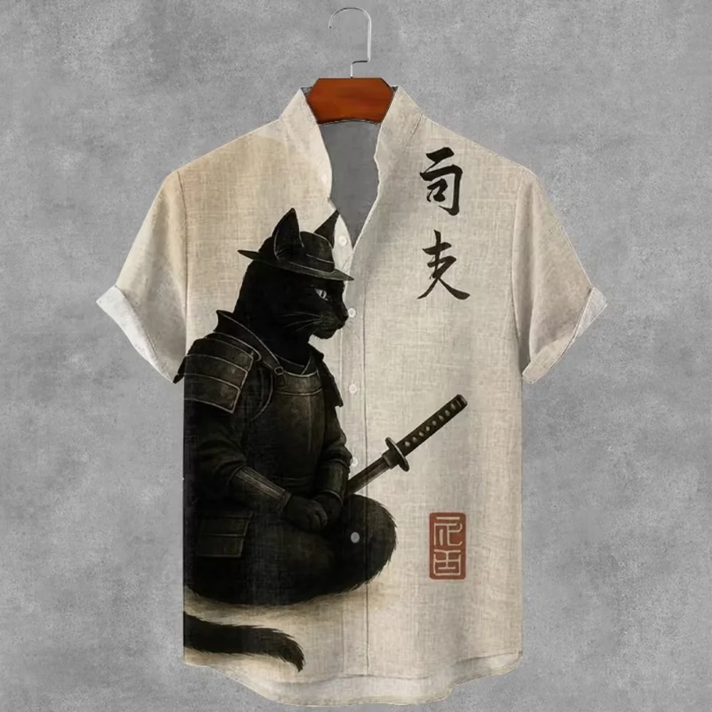 New Japanese ukiyo-e black cat samurai print shirt men's standing collar button short sleeved casual streetwear Hawaiian shirt