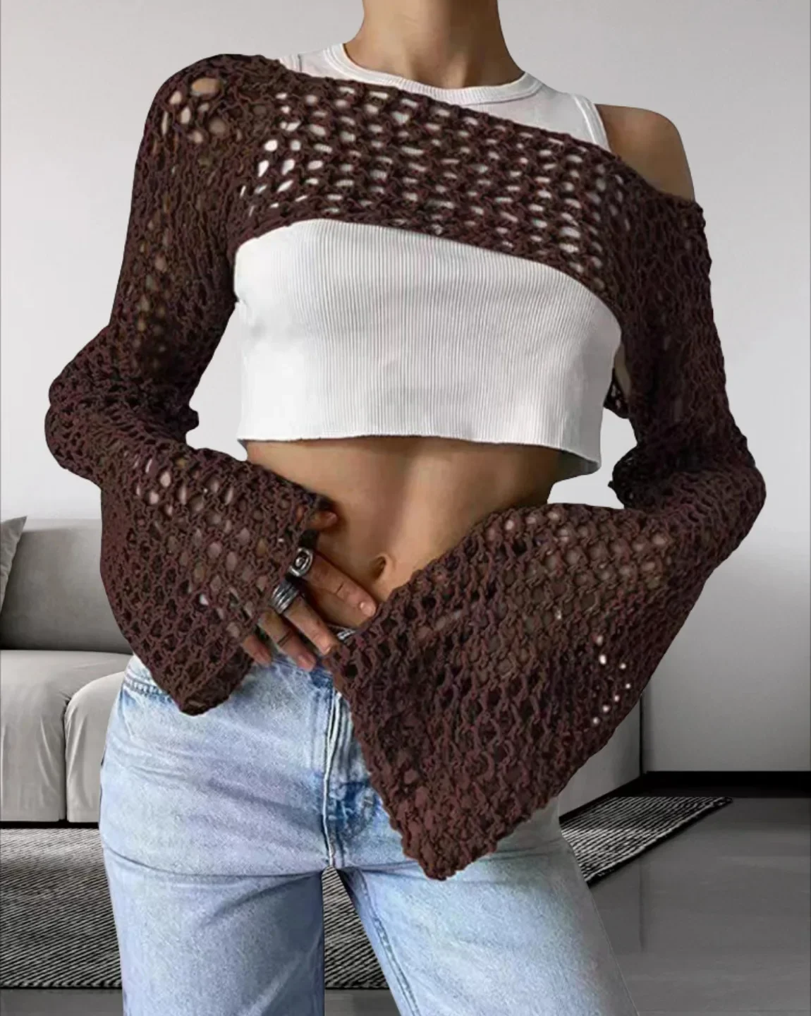 Women Summer Crochet Cover up Top Fashion Hollow out Long Sleeve Bikini Cover Up Top crochet tops beach