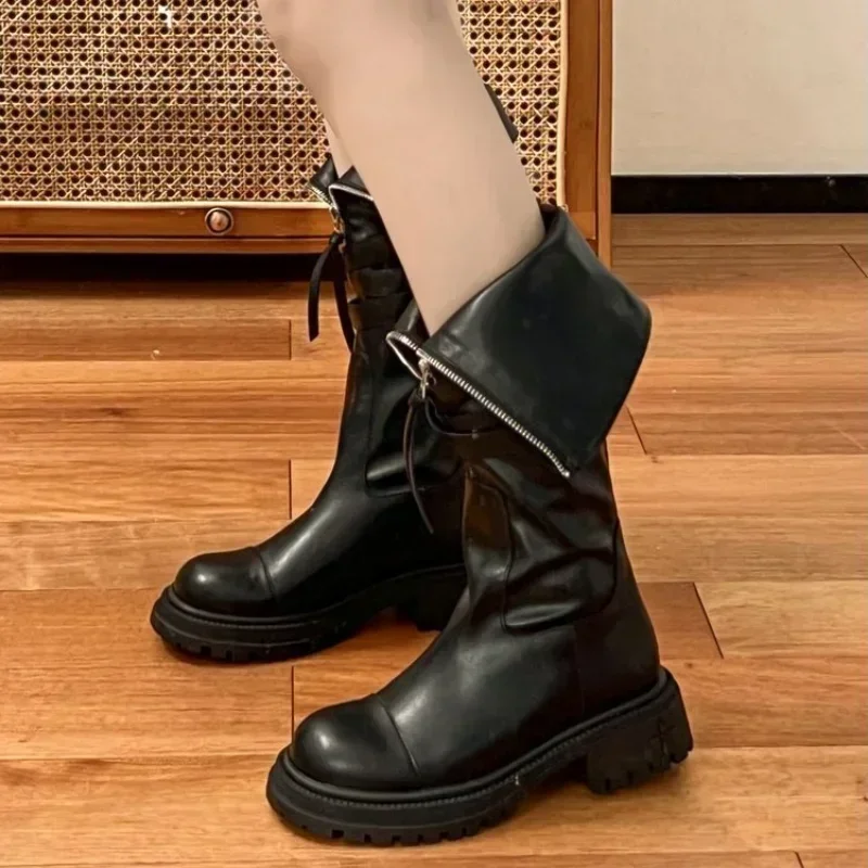 Women Fashion Metal Decor Motorcycle Boots Women PU Leather Platform Ankle Boots Vintage Autumn Non Slip Belt Buckle Botas Mujer