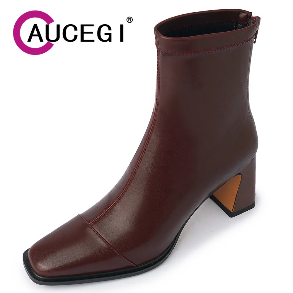

Aucegi/женские ботильоны из натуральной кожи, весна 202, модная обувь на массивном высоком каблуке с квадратным носком и молнией, осень-зима, дорожная обувь
