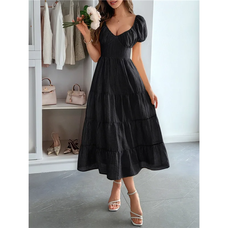 NUOVO-Abito longuette casual estivo da donna Abiti gonfi a maniche corte con scollo a V e volant a strati