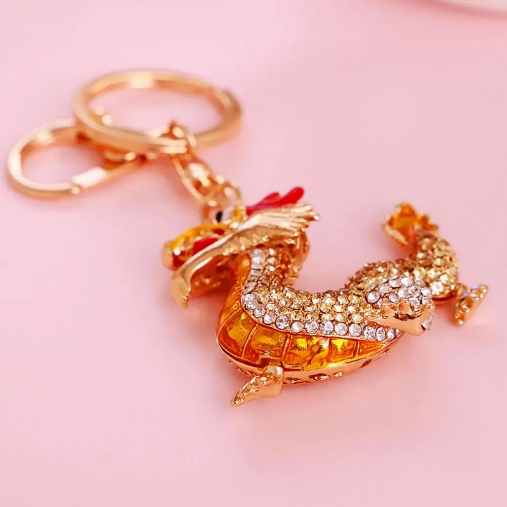 Strass de metal dragão chaveiro incrustação strass zodíaco chinês dragão incrustação sorte chinês chaveiro sorte dos desenhos animados