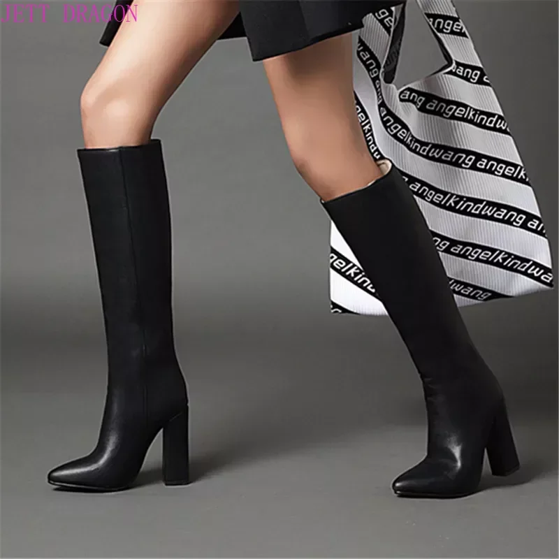 2024 Fashion Women Knee High Boots Women Zipper Long Boots Ladies Pointed Toe Square Heel Autumn Winter Boots White Brown Black