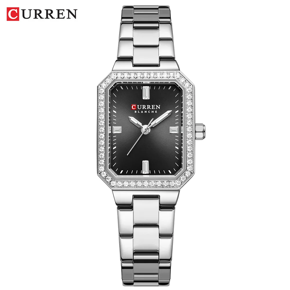 CURREN Luxusmarkenuhren für Damen, schlichtes rechteckiges Zifferblatt mit funkelnden Strasssteinen, lässige Quarz-Armbanduhr mit Leuchtfunktion 10