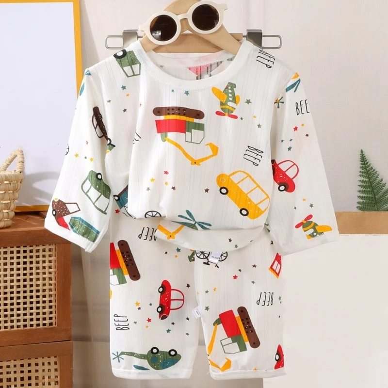 Kids Boys Girls Baby Pajamas 2-Piece Set Summer Breathable Soft Fabric Home Cute New Cartoon Rocket Spacecraft Car Sleepwear Set